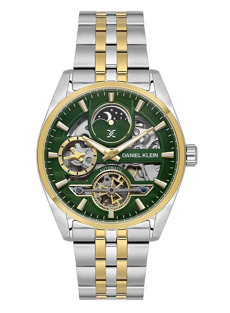 DANIEL KLEIN Men's Stainless Steel Silver and Gold Brass Case Analog Dark Green Round Skeleton Dial Automatic Skeleton 50 Meters Water Resistant
